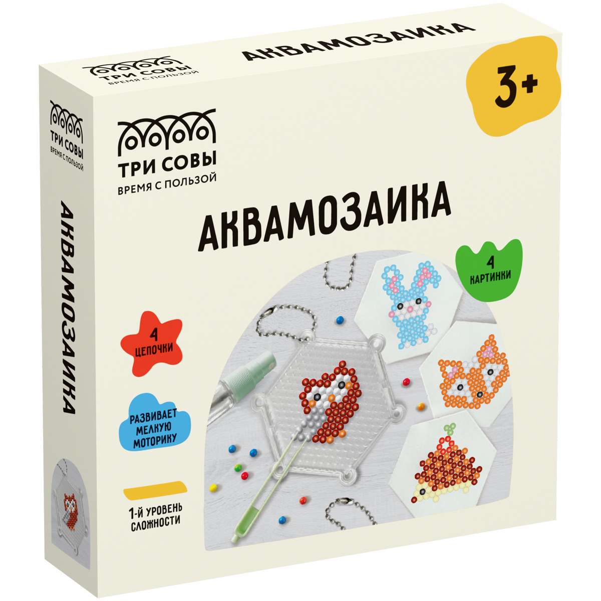 Аквамозаика ТРИ СОВЫ "Обитатели леса", набор инструментов, трафареты, картонная коробка 12*12см