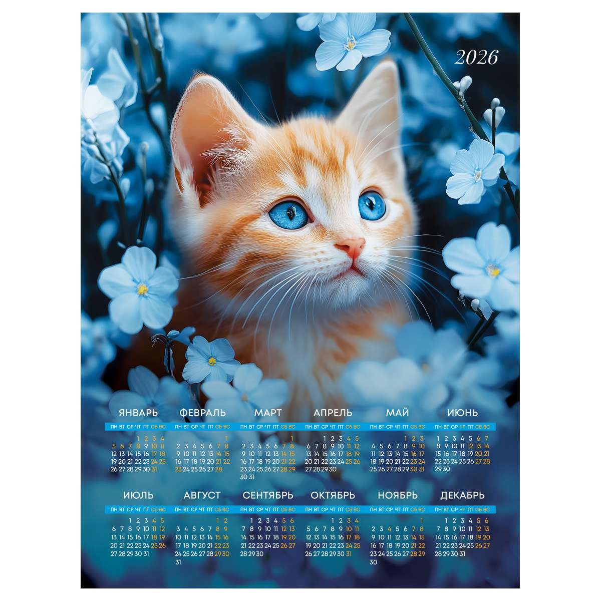 Календарь настенный листовой А2, 450*590 мм BG "Котенок", 2026г
