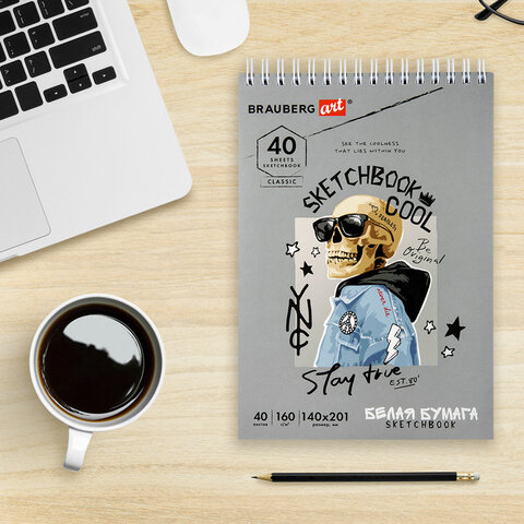 Скетчбук, белая бумага 160 г/м2, 140х201 мм, 40 л., гребень, жесткая подложка, BRAUBERG ART CLASSIC,