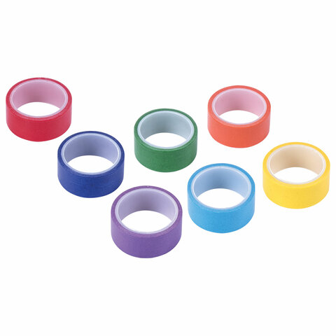 Клейкие WASHI-ленты для декора РАДУЖНЫЕ, однотонные, 15 мм х 3 м, 7 цветов, рисовая бумага, ОСТРОВ С