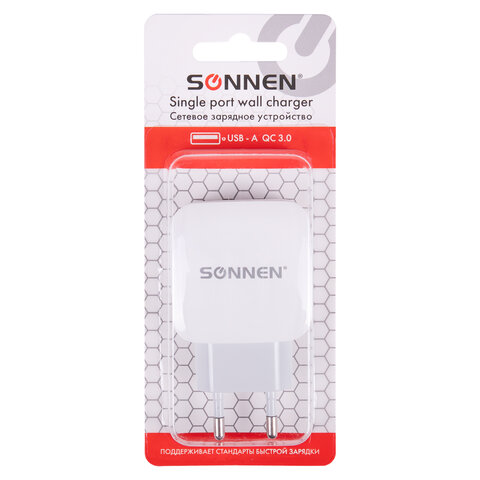 Зарядное устройство быстрое сетевое (220 В) SONNEN, USB QC 3.0 18 Вт, 3 А, белое, 455506