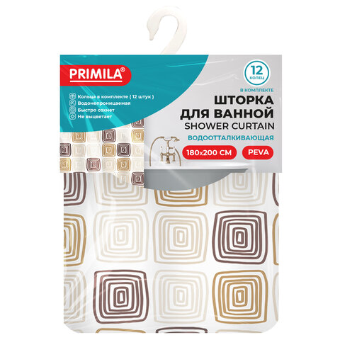 Шторка для ванной PEVA, 180х200см, кольца в комплекте, 3 дизайна ассорти, ФИГУРЫ, PRIMILA, 700075