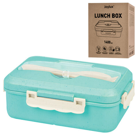 Ланч-бокс контейнер 3 отделения 1,4л ложка, вилка, 8х21х14см, мятный, JOYLUX ECO, 609344