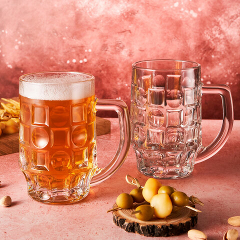 Кружка для пива с ручкой, 500 мл, КОМПЛЕКТ 2 штуки, фактурное стекло, PASABAHCE "ПАБ", фирменная под