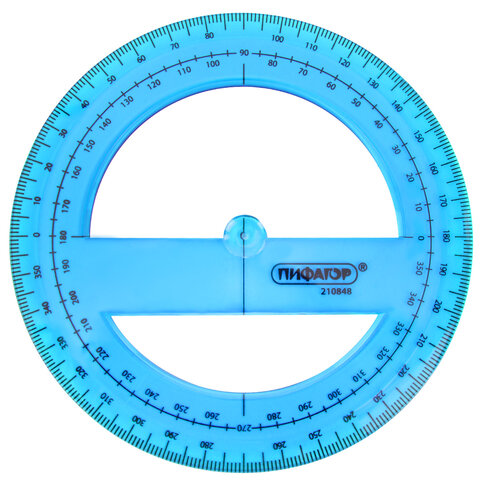 Транспортир пластиковый 10 см, 360 градусов, ПИФАГОР, прозрачный, неоновый, ассорти, 210848