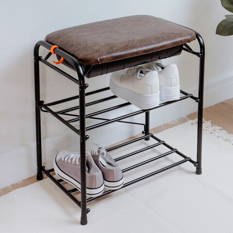 Банкетка для обуви "Альфа-13СЯ", 450х300х480 мм, 2 полки, ящик, металл/кожзам, черный/коричневый, ПД