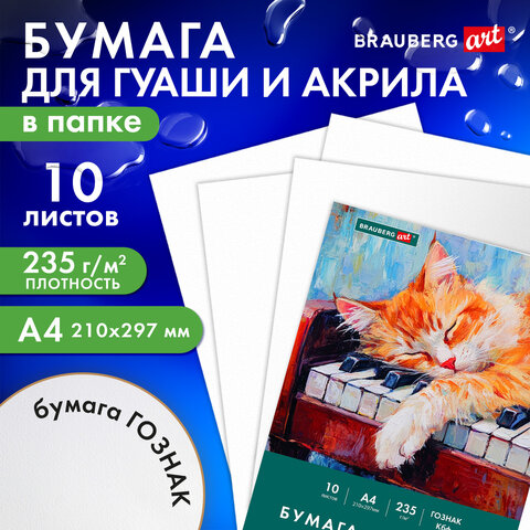 Бумага для гуаши и акрила А4 10л, 235 г/м2, 210х297мм, в папке, BRAUBERG ART CLASSIC, "Кот-музыкант"