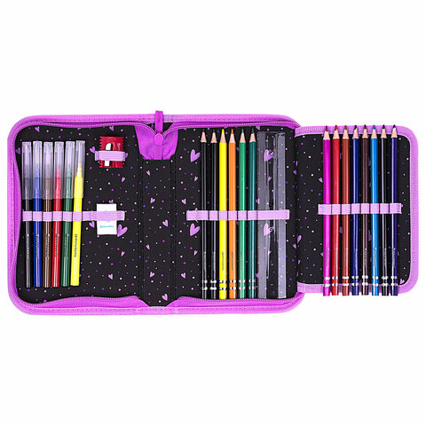 Пенал BRAUBERG с наполнением, 1 отделение, 1 откидная планка, 24 предмета, 21х14 см, "Flower butterf