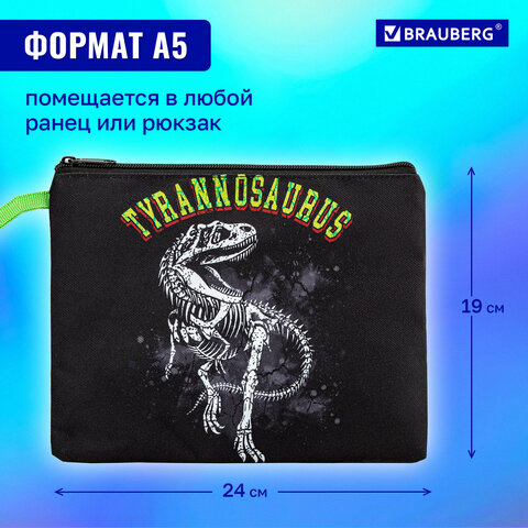 Папка для тетрадей BRAUBERG А5, 1 отделение, полиэстер, на молнии, с ручкой, "Tyrannosaur", 272203