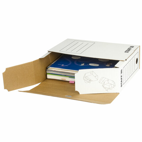 Короб архивный с клапаном А4 (260х325 мм), 100 мм, до 900 листов, микрогофрокартон, БЕЛЫЙ, STAFF, 12