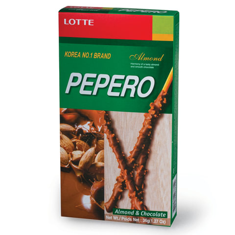 Печенье-соломка LOTTE "Pepero Almond", в шоколадной глазури с миндалем, в картонной упаковке, 36 г, 