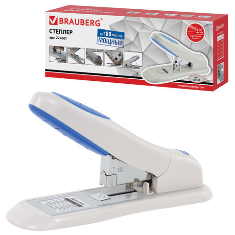 Степлер МОЩНЫЙ №24/6-23/15 BRAUBERG "Heavy duty PRO", до 100 листов, эргономичный, серо-синий, 22766
