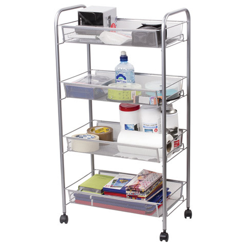 Этажерка (тележка) BRABIX офисно-бытовая 4 яруса, на колесах, металл, серебристая, 43,5х26х83,5 см, 