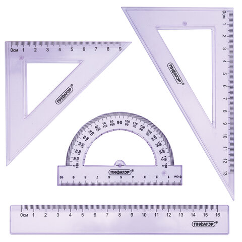 Набор чертежный ПИФАГОР (линейка 16 см, 2 треугольника, транспортир), прозрачный, пастельные цвета, 