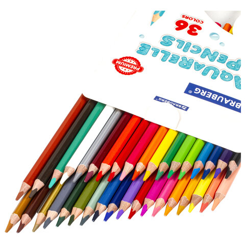 Карандаши цветные акварельные BRAUBERG PREMIUM AQUARELLE, 36 цветов, трехгранные, утолщенный грифель