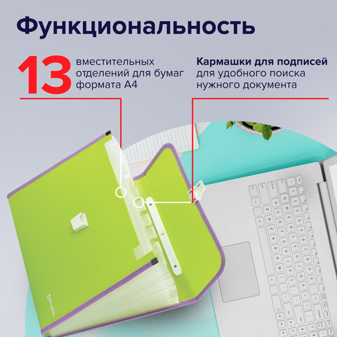 Папка-портфель пластиковая BRAUBERG "JOY", А4 (330х245х35 мм), 13 отделений, с окантовкой, салатовая