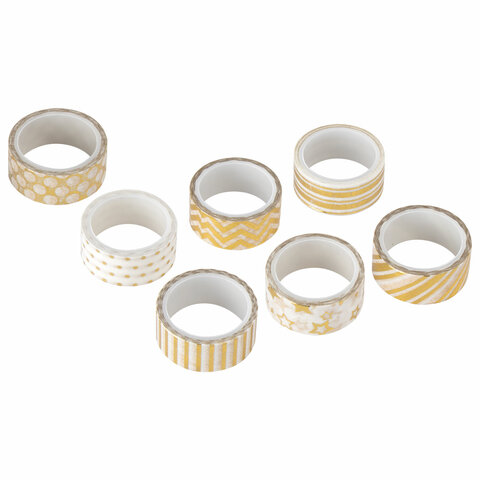 Клейкие WASHI-ленты для декора с фольгой ЗОЛОТИСТЫЕ, 15 мм х 3 м, 7 шт., рисовая бумага, ОСТРОВ СОКР