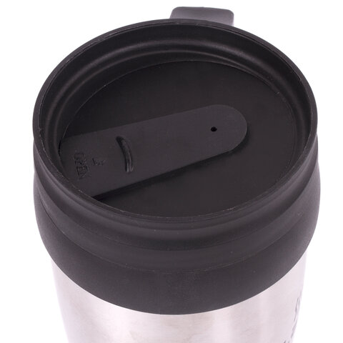 Автокружка 400 мл, термостакан с ручкой, винтовая крышка-клапан, пластик/сталь, серебро, LAIMA, 6051