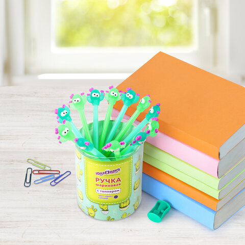 Ручка с топпером шариковая ЮНЛАНДИЯ "Цветущий кактус", корпус ассорти, СИНЯЯ, пишущий узел 0,7 мм, 1