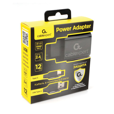Зарядное устройство CABLEXPERT 12 Вт, 2.4 А, 2 х USB, кабель Type-C, 1 м, черный, коробка-блистер, M