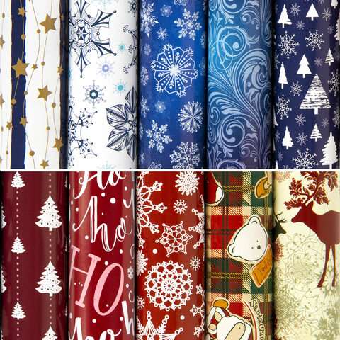 Бумага упаковочная подарочная новогодняя "Red&Blue", 70х100 см, 10 дизайнов ассорти, ЗОЛОТАЯ СКАЗКА,