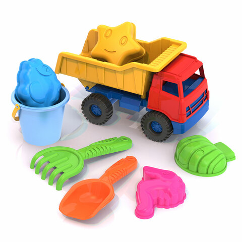 Набор для игр в песке: грузовик "Медвежонок", ведерко, совок, грабельки, 4 формочки, НОРДПЛАСТ, 4317