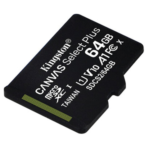 Карта памяти microSDXC 64 ГБ, KINGSTON Canvas Select Plus, UHS-I, 100 Мб/с (class 10), SDCS2/64GBSP