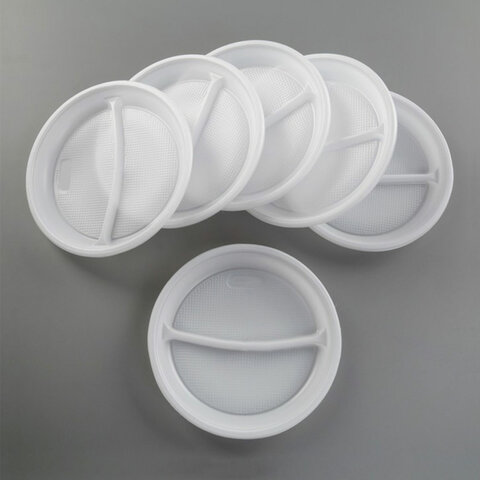 Одноразовые тарелки 2-х секционные КОМПЛЕКТ 100 шт. 210 мм, белые, ПС, холодное/горячее, LAIMA БЮДЖЕ