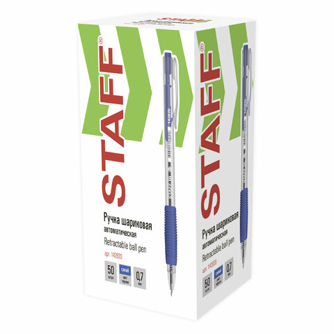 Ручка шариковая автоматическая с грипом STAFF "Basic" BPR-820, СИНЯЯ, узел 0,7 мм, линия письма 0,35