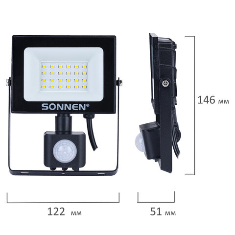 Прожектор светодиодный с датчиком движения 20 Вт, 6500 К, 1600 Лм, 20 м2, IP65, 122х146х51 мм, черны