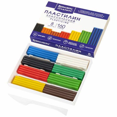 Пластилин классический BRAUBERG "АКАДЕМИЯ КЛАССИЧЕСКАЯ", 8 цветов, 160 г, стек, ВЫСШЕЕ КАЧЕСТВО, 106
