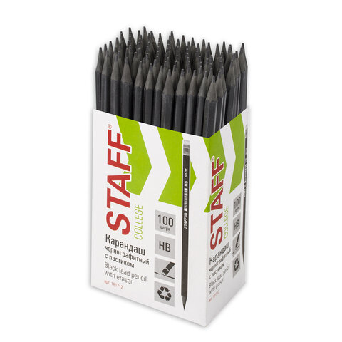 Карандаш чернографитный STAFF "College" BLP-712, 1 шт., НВ, с ластиком, пластик, корпус черный, 1817