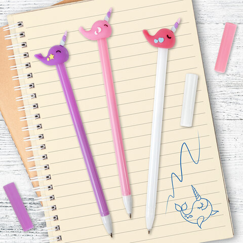 Ручка с топпером шариковая ЮНЛАНДИЯ "Кит-Единорог", корпус ассорти, СИНЯЯ, пишущий узел 0,7 мм, 1437