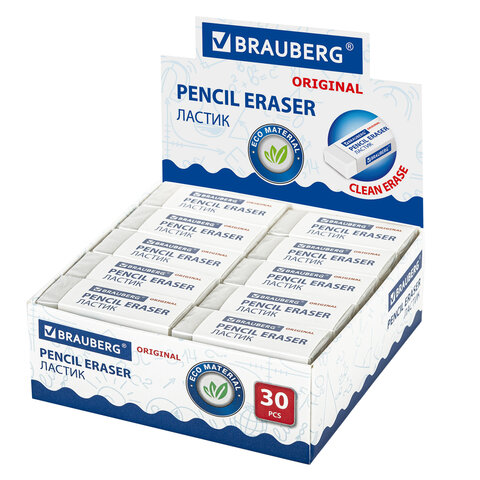 Ластик BRAUBERG "Original", 45х17х10 мм, белый, прямоугольный, экологичный ПВХ, картонный держатель,