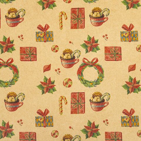 Бумага упаковочная подарочная новогодняя "Christmas Kraft", 70х100 см, 10 дизайнов ассорти, ЗОЛОТАЯ 