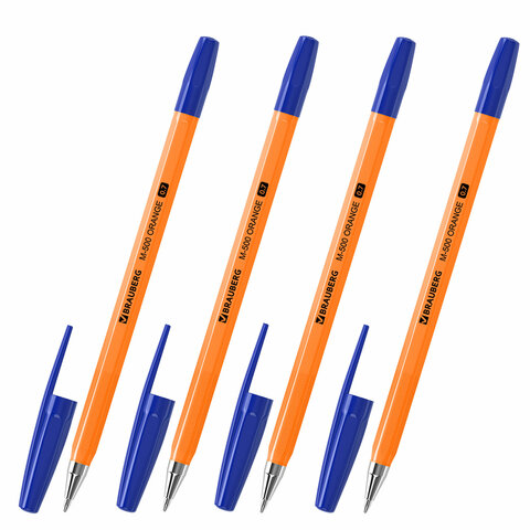 Ручки шариковые BRAUBERG "M-500 ORANGE", НАБОР 4 шт., СИНИЕ, узел 0,7 мм, линия письма 0,35 мм, 1439