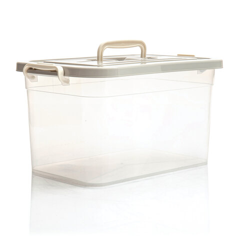 Ящик-контейнер 10 л с КРЫШКОЙ НА ЗАЩЕЛКАХ И РУЧКОЙ, 19х35х23 см, пластик, прозрачный, крышка ассорти