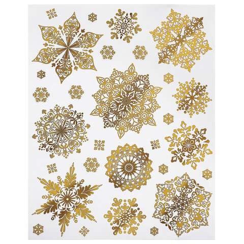 Наклейка для окон двусторонняя МНОГОРАЗОВАЯ 30х38 см, "Снежинки", фольга, золото, ЗОЛОТАЯ СКАЗКА, 59