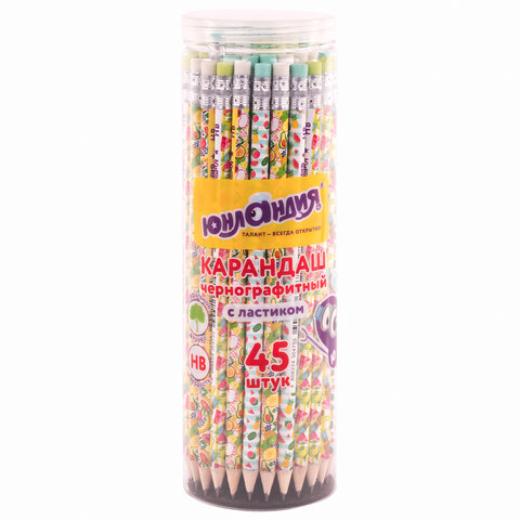 Карандаш чернографитный ЮНЛАНДИЯ "ФРУКТЫ", 1 шт., HB, с ластиком, корпус ассорти, 181777
