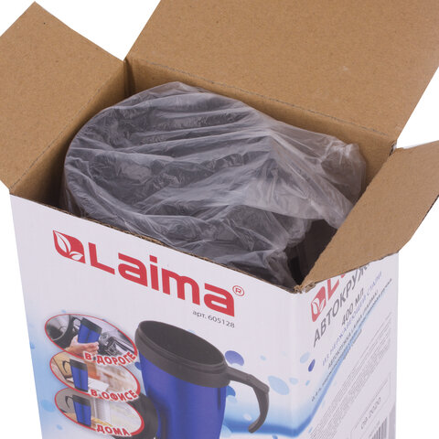 Автокружка 400 мл, термостакан с ручкой, винтовая крышка-клапан, пластик/сталь, синяя, LAIMA, 605128