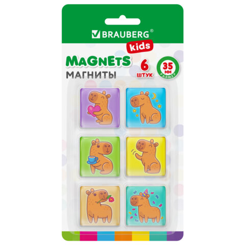 Магниты квадратные стеклянные 35 мм для досок магнитно-маркерных, НАБОР 6 шт., "Капибара", BRAUBERG 