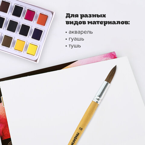 Кисть ПИФАГОР, ПОНИ, круглая, № 10, деревянная лакированная ручка, колпачок, пакет с подвесом, 20083