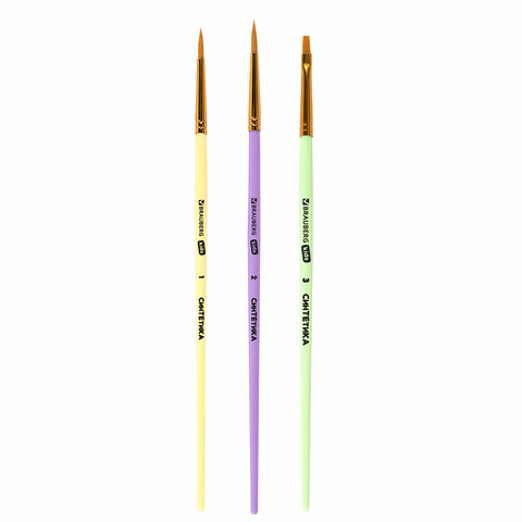 Кисти СИНТЕТИКА набор 3 шт. (круглые № 1, 2, плоская № 3), пакет с европодвесом, BRAUBERG KIDS, 2010