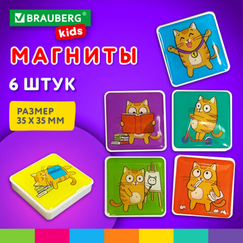 Магниты квадратные стеклянные 35 мм для досок магнитно-маркерных, НАБОР 6 шт., "Кот-энтузиаст" BRAUB