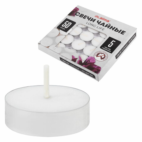 Свечи чайные Long Life, до 5 часов горения, вес 12 г, КОМПЛЕКТ 50 шт., в гильзе, LAIMA, 609200
