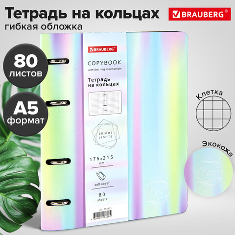 Тетрадь на кольцах А5 (180х220 мм), 80 листов, под кожу, клетка, тиснение фольгой, BRAUBERG VISTA, G