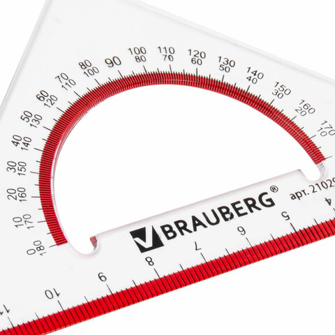 Треугольник пластиковый, угол 45, 13 см, BRAUBERG "Crystal", с транспортиром, прозрачный, с выделенн