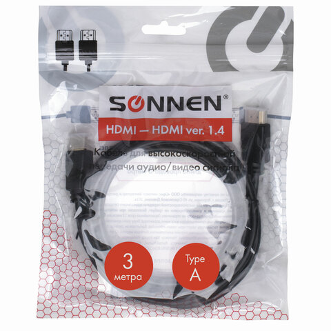 Кабель HDMI AM-AM, 3 м, SONNEN, ver1.4, FullHD, 4К, для ноутбука, компьютера, ТВ-приставки, монитора