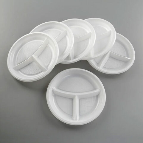 Одноразовые тарелки 3-х секционные КОМПЛЕКТ 100 шт. 210 мм, белые, ПС, холодное/горячее, LAIMA БЮДЖЕ