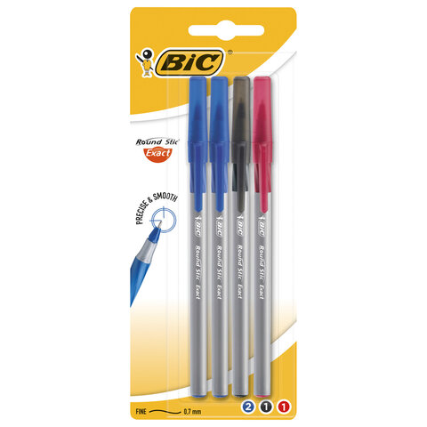 Ручки шариковые с грипом BIC "Round Stic Exact", НАБОР 4 шт./3 ЦВЕТА (синий, черный, красный), линия